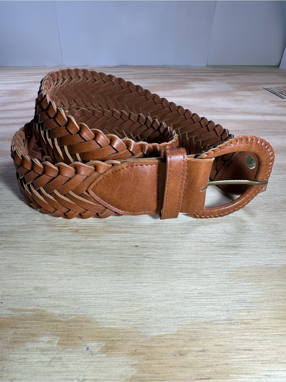 Vintage Womens Cognac Brown Wide Woven Braided Leather Belt Size L Leather Wrapp